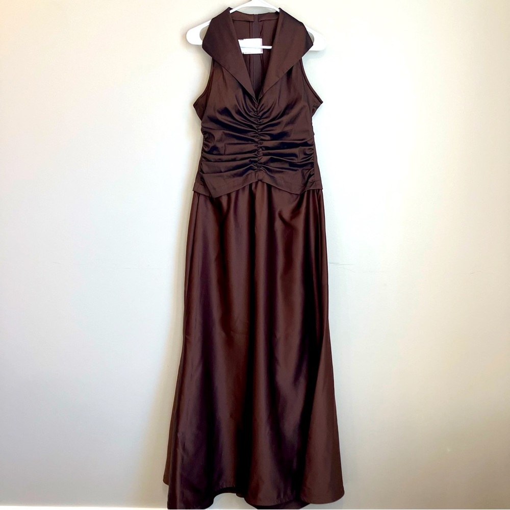 TADASHI Shoji  Satin High Neck Ruched Front A Line Long Formal Dress  10
